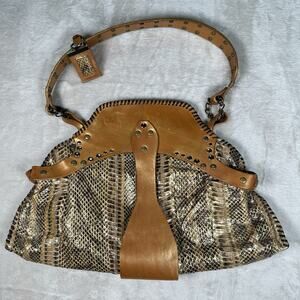 Tan Snake-Print Leather Shoulder Bag